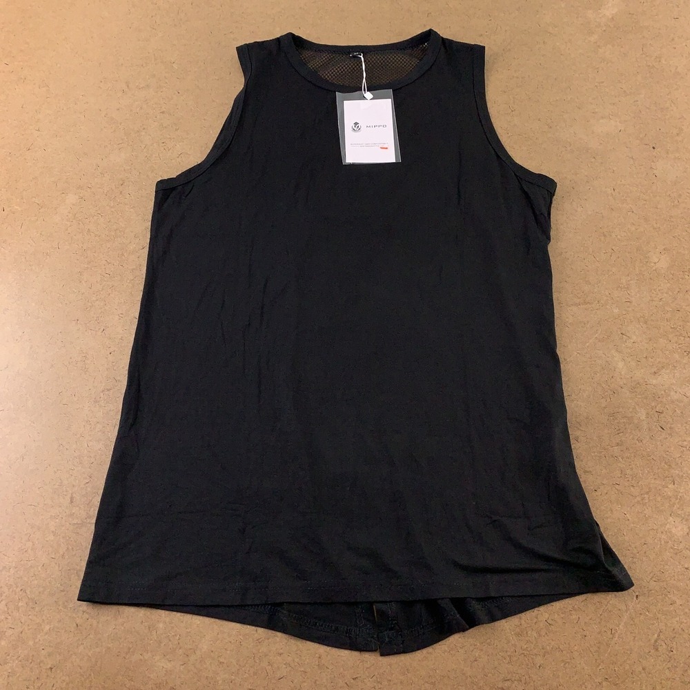 Mippo Women's Size Medium Black Mesh Split Back Crew Neck Athletic Tank Top NWT